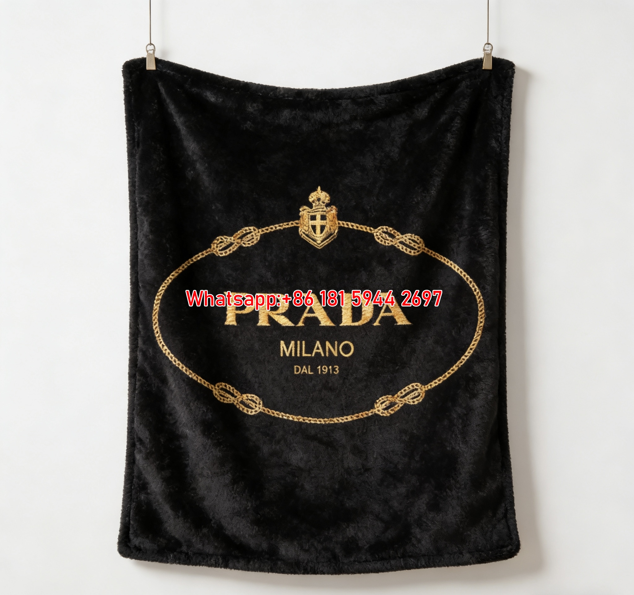 Prada Milano Dal 1913 Black Gold Flannel Throw Blanket Luxury Designer Printed Sofa Cover Blanket IMG_2664